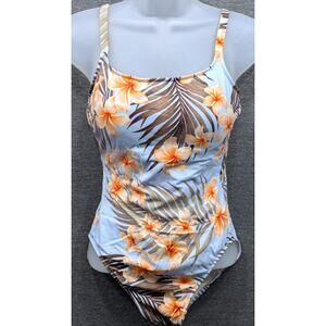 LEILANI One-Piece Swimsuit - Blue, Hawaiian Floral, Padded, Open Back, Size 8